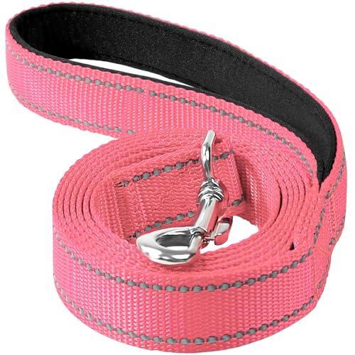 Reflective Dog Leash 6ft Soft Padded Handle Nylon Lead for Medium & Large Dogs, Durable Walking Training Leash for Night Safety (Neon Pink,1Inch Wide) - color: Neon Pink, size: 1"*6'