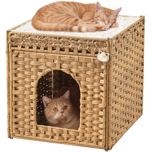 SETVSON Cat Beds for Indoor Cats Extra Large Double Cat Cave Pet Cube, Handwoven Rattan Cat Houses with Double-Sided Soft Cushions, 18.5 x 20.5 x 19.1 Inches Foldable Hideaway in Living Room Natural - color: Natural, size: Rectangle-XL