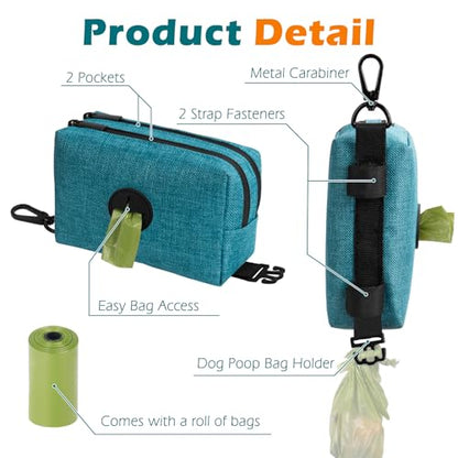 Dog Poop Bag Holder, Portable Pet Waste Bag Dispenser, 2 Pouches for Treats and Walking Accessories, Fit All Leashes, Includes 1 Roll of Dog Poop Bags (Lagoon Blue) - color: Lagoon Blue