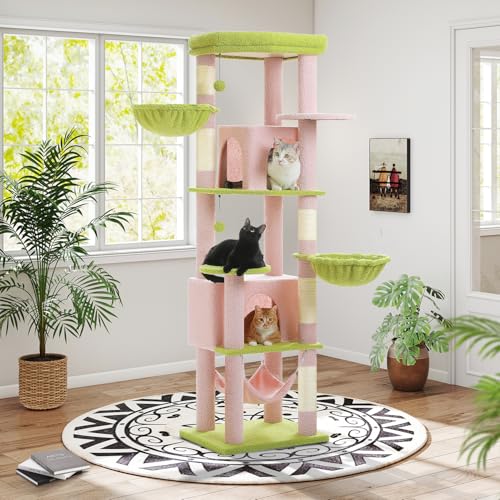 71.2 Inches Flower Tall Cat Tree for Large Cats, Multi-Level Cat Tower with 2 Cozy Condos, Super Large Top Perch, 3 Hammocks, Sisal Scratching Posts and 2 Pompoms, Pink - color: Pink, size: 71.2 Inches