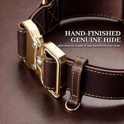 AssuredLock Leather Dog Collar, 1.5” Wide, Smooth Quick-Release Buckle with Adjustable Design, Heavy-Duty Handcrafted Collars for Large Dogs, Brown Gold-M - color: Brown-Gold, size: 12.5-20.5 In
