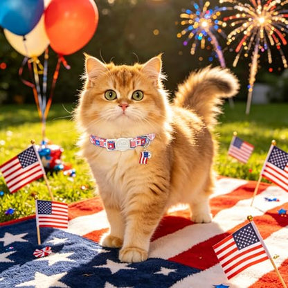 2 Pack 4th of July Cat Collars - Blue Retro Checkerboard Flag 1776 & Pink Patriotic Breakaway Cat Collars, Adjustable Soft Boy Girl Kitten Collar for Small Dogs Puppy with Bell & Pendant - color: Pink Patriotic