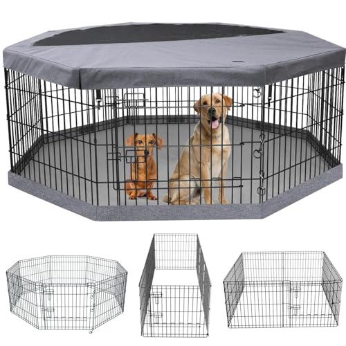 PETIME Foldable Metal Dog Exercise Pen/Pet Puppy Playpen Kennels Yard Fence Indoor/Outdoor 8 Panel 24" W with Top Cover and Bottom Pad (Playpen+Bottom+Top Cover, 8 Panels 24" H) - size: 24''H