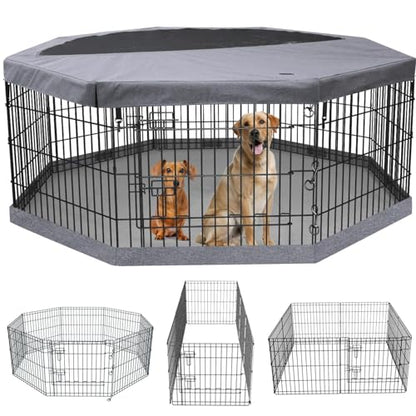 PETIME Foldable Metal Dog Exercise Pen/Pet Puppy Playpen Kennels Yard Fence Indoor/Outdoor 8 Panel 24" W x 36" H with Top Cover and Bottom Pad (Playpen+Bottom+Top Cover, 8 Panels 36" H) - size: 36''H