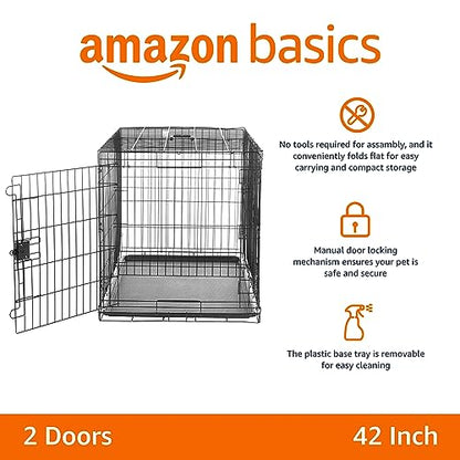 Amazon Basics Portable, Collapsible Metal Wire Dog Crate with Removable Tray, Double Door, Easy to Assemble, Divider Panel for Large Dogs, 42" x 28" x 30", Black - size: 42.0"L x 28.0"W x 30.0"H, style: Double Door w/ Divider
