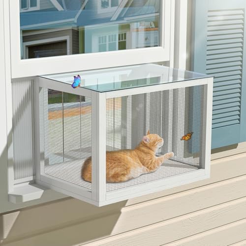 GDLF Cat Window Box, Universal Cat Window Perch Catio with Mosquito Proof, Fits Double Hung Windows 24" to 38.5" Wide, for Sunbathing, Napping & Outdoor Viewing (Min Height 20") - size: fits up to 20"