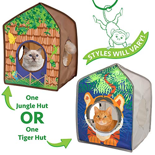 Kitty City Safari Jungle Tiger Pop-Up Cat House, Collapsible Indoor Cat Hideout with Peekaboo Openings, Lightweight Foldable Cat Playhouse - color: C) Safari Jungle Tent House