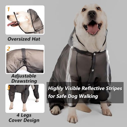 Olsa Dog Raincoat, Dog Hooded Slicker Poncho, 4 Legs Rain Jacket with Reflective Stripe, Transparent Water Proof Resistant Rain Snow Clothes for Small Medium Large (Black, 4XL) - color: Black, size: 4XL