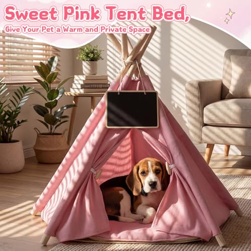 Dog & Cat Teepee Tents Indoor Pet Teepee Bed with Thick Cushion Portable Dog Houses Pink Cat Tents for Puppy & Pet(M: 20 x 20 x 24.8 Inch) - size: M: 20 x 20 x 24.8 Inch