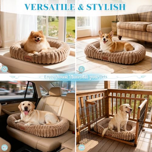 Cute Washable Dog Bed for Small Dogs -Soft Plush Calming Puppy & Cat Bed with Anti-Slip Bottom, Rectangle Anti-Anxiety Puppy Kennel Bed with Handle, 25" x 21" x 4", Brown - color: Brown, size: 25"L x 21"W x 4"Th