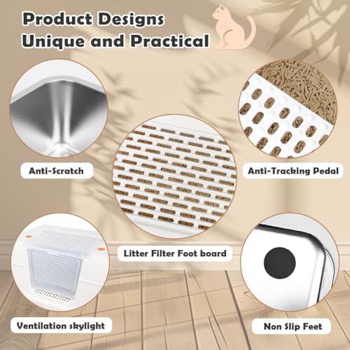 Vivifying Stainless Steel Litter Box with Lid, XL Side Entry Extra Large Litter Box for Big Cats & Kitty, Removable Enclosed Metal Cat Pan with High Sided Enclosure, Scoop, Mat, Footboard (Beige) - color: Beige