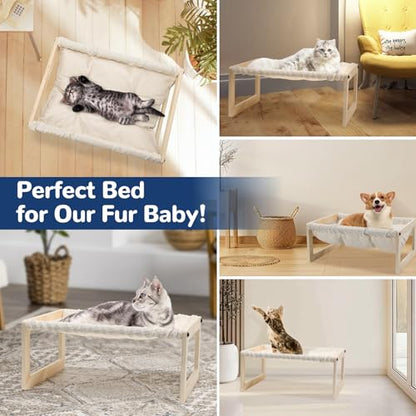 Cat Bed with Washable Pad - 9.5" Elevated Wooden Cat Hammock Bed, 360° View Design, Cot with Breathable Summer Mattress for Kitty, Puppy, Rabbit and All Pets - color: Cream Color (Thin)