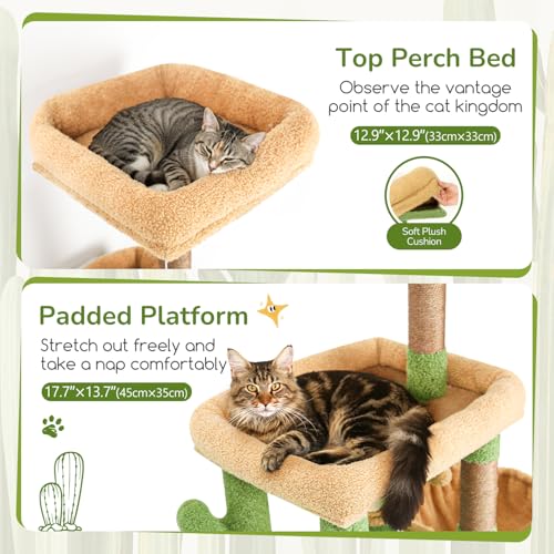 Globlazer Cactus Cat Tree Condo Tower for Indoor Cats, 52in Multi-Level Cat Scratching Tree with 2 Cat Condos, 5 Sisal Scratching Posts, 2 Padded Perches, Sturdy Basket, Widened Base, S52, Green - color: Cactus Green