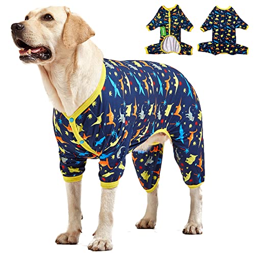 LovinPet Big Dog Pajamas for Large Dogs/Prehistoric Adventure Dinosaur Navy Print/Lightweight Stretchy Knit Pullover Dog Clothes/Large Dog Onesie, Pet Pajamas for Dogs, Pet PJ's/L - size: Large