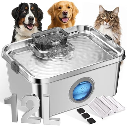 12L Dog Water Fountain, Stainless Steel Pet Water Fountain for Large Dogs Cats Multi-Pet Home, Quiet Dog Fountain Water Bowl with 3 Filters, Visible Window, Wide Deeper Drinking Area, Easy to Clean