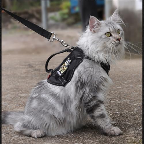 Cat Harness and Leash Set for Walking Escape Proof Adjustable Reflective Large Cat Tactical Harness with Patches Breathable Summer Vest Soft Mesh Padding Handle Easy to Control (Black, M) - size: M