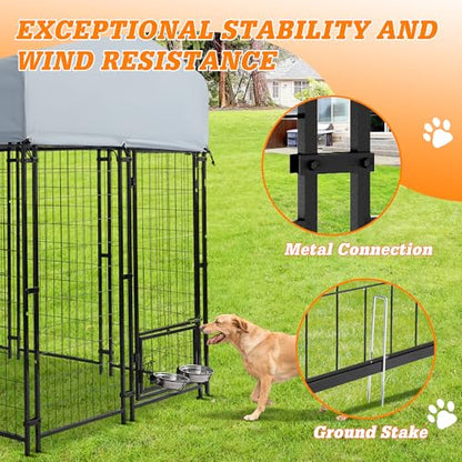 8x4x6 FT Outside Large Dog Kennel with roof - Outdoor Heavy Duty Welded Wire Steel Dog Playpen with Rotating Bowls, Dog Run Enclosure Crate Cage with Lockable Doors for Chicken, Rabbit
