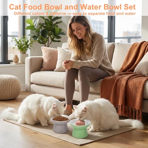 Elevated Cat Bowls,2 Pcs Ceramic Raised Cat Food Bowls with Non-Slip Base,Whisker-Friendly Shallow Design,Lead & Cadmium Free Pet Feeder,Dishwasher and Microwave Safe (Green&Light-Grey) - color: Green&Light-Gray