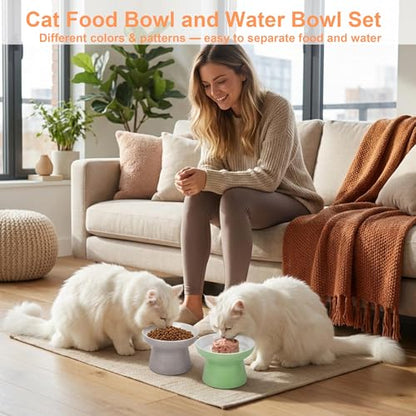 Elevated Cat Bowls,2 Pcs Ceramic Raised Cat Food Bowls with Non-Slip Base,Whisker-Friendly Shallow Design,Lead & Cadmium Free Pet Feeder,Dishwasher and Microwave Safe (Green&Light-Grey) - color: Green&Light-Gray