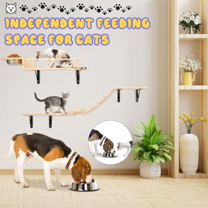 TIMIEEYA Cat Wall Shelves - Stable & Safe 5 in 1 Cat Walls Furniture Set, Wooden Kitten Climbing Wall with Bridge Ladder & Wall Steps - style: 5pcs with Bowl