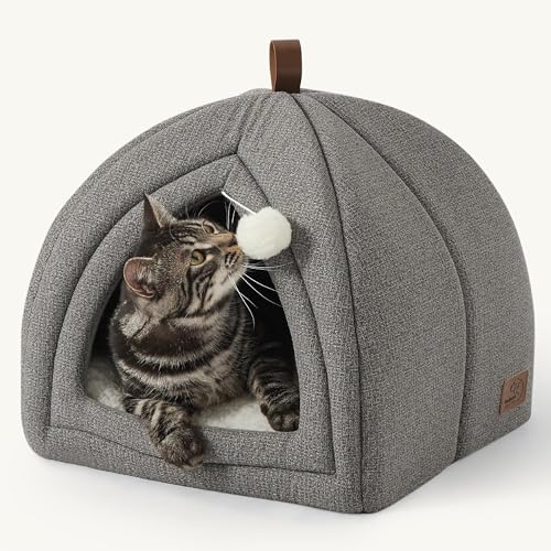 Bedsure Cat Beds for Indoor Cats - 2 in 1 Cat Cave House Tent for Kittens and Small Pets with Removable Washable Cushioned Pillow, Foldable Kitten Hideaway with Non-Slip Bottom, Grey, 16 inches - color: Grey, size: M(16x16x16)