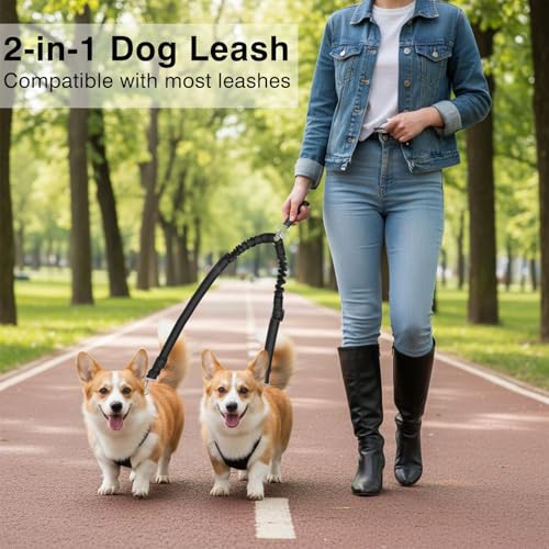 ElevateTech Double Dog Leash for Two Dogs No Tangle Dual Leash Heavy Duty Adjustable Reflective Bungee Retractable Split Multiple Leashes for Walk Fit All Sized Breeds Black