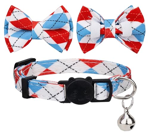 Cat Collar with Bow Tie 2pcs Set Bell Boy Girl Kitten Safety Plaid Grid Checkered Solid Color Suede Velvet Cute Soft Gift C-[2pcs] Argyle - color: Style C-[2pcs] Argyle