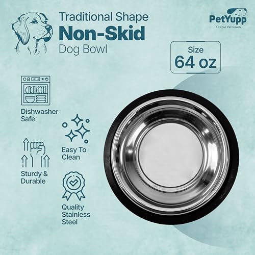 Stainless Steel Non Skid Dog Bowl – Non-Slip Rubber Base, Rust-Proof & Dishwasher Safe – Durable Food and Water Bowl for Dogs and Cats – 64oz - size: Non Skid Bowl - 64 oz