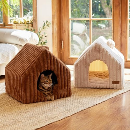 FUKUMARU Cat Houses for Indoor Cats, Washable Cute Cat Bed Cave with Removable Pillow, Large Semi-Enclosed Cozy Dog House Indoor, Soft Faux Rabbit Fur Kitten Bed, 17.5-Inch Cat Hideaway, Pink Grey - color: Pink Grey