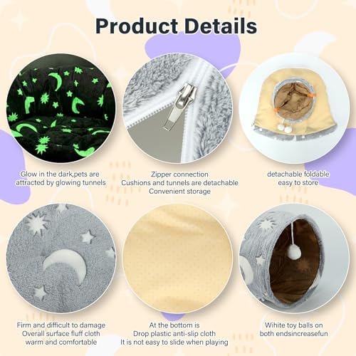 BWOGUE Bunny Tunnel Bed, 2-in-1 Collapsible Tunnel Tubes Toys with Removable Mat Hideout for Cats Kittens Rabbits Guinea Pigs Kitty - color: Grey