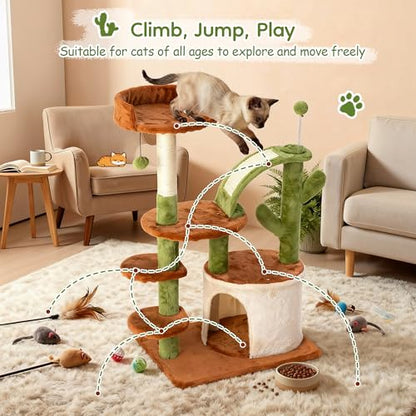 Cactus Cat Tree for Indoor Cats, 36.6" Small Cat Tower with Sisal Scratching Posts, Stable Cat Condo with Perches and Climbing Steps, Brown - color: Brown-1