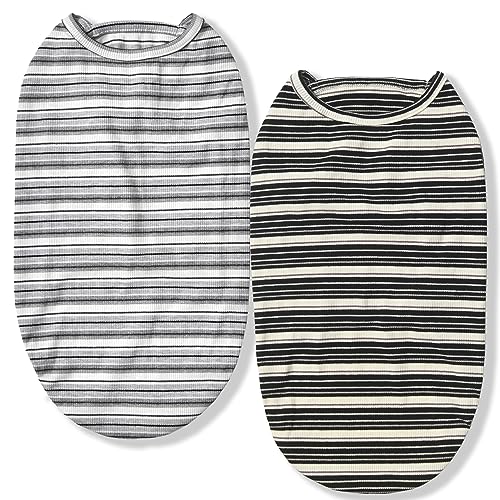 Dog Shirts Vest Cotton Striped T-Shirt, Sleeveless Stretchy Pet Clothes for Small Dogs, 2-Pack Soft Breathable Puppy Tank Top Cat Tee (Large, Black,Gray) - color: Black,Gray, size: Large