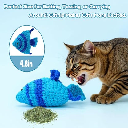 Catnip Fish Toy - Hand-Crocheted with Real Catnip & Bell, Interactive Kicker Toy for Cats Kitten, Soft & Safe for Biting - color: Tropical fish