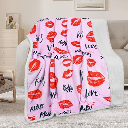 Catalonia Lips Print Sherpa Fleece Throw Blanket, Soft Mink Plush Couch Blanket, Fuzzy Fluffy Comfy Warm Throws, Comfort Caring Gift, 50x60 inches - color: Kiss Hot Pink, size: 50"x60"