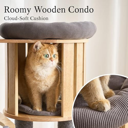 797Audio Wood Modern Cat Tree, 61.5" Cat Tower with Sisal Scratching Posts, Cat Condo, Capsule, Hamnock and Spinner Toy,Solid Wooden Aesthetic Multi-Level Cat Climbing Tree for Adult Indoor Cats-Gray - color: 62 Inch-Turntable-Gray