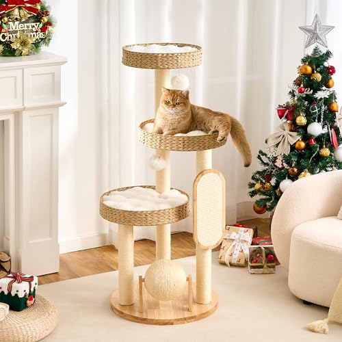 797Audio Wood Modern Cat Tree for Large Cat, 47" Tall Cat Tower with Scratching Posts, Cat Beds, Aesthetic Multi-Level Cat Climbing Tree with Hand-Woven Bed for Adult Indoor Cats - color: 47 Inch-Woven
