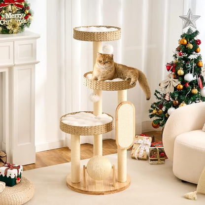 797Audio Wood Modern Cat Tree for Large Cat, 47" Tall Cat Tower with Scratching Posts, Cat Beds, Aesthetic Multi-Level Cat Climbing Tree with Hand-Woven Bed for Adult Indoor Cats - color: 47 Inch-Woven