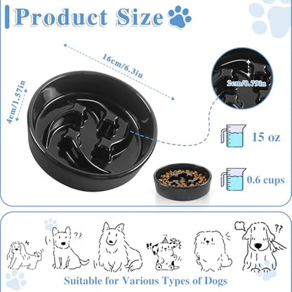 Ceramic Slow Feeder Dog Bowls, 1 Cups Dog Food Dish for Small and Medium Breed, Puzzle Dog Food Bowl for Fast Eater, 15OZ, 6.3 inch(Black) - color: Black-M