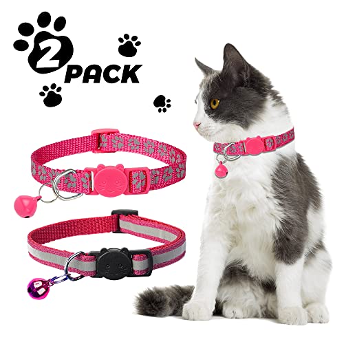 2 Pack Reflective Cat Collar Breakaway with Bell,Personalized Kitten Collars,Adjustable Safety Buckle Collar for Male Cats Girls & Boys (Hot Pink) - color: Hot Pink