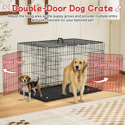 42 Inch Dog Crate Dog Cage with Double Door & Carrying Handle - Large Metal Dog Crates Dog Kennel with ABS Tray for Large Dog, Foldable & Portable Perfect for Indoor & Outdoor, Black ﻿