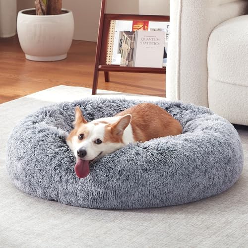 Donut Dog Bed Medium Size Dog 36 Inch, Round Cat Beds for Small Medium Dogs and Cats with Washable Fluffy Faux Fur, Cute Comfort Pet Bed with Anti-Slip Bottom, Grey - color: Grey, size: 36"L x 36"W x 10"Th