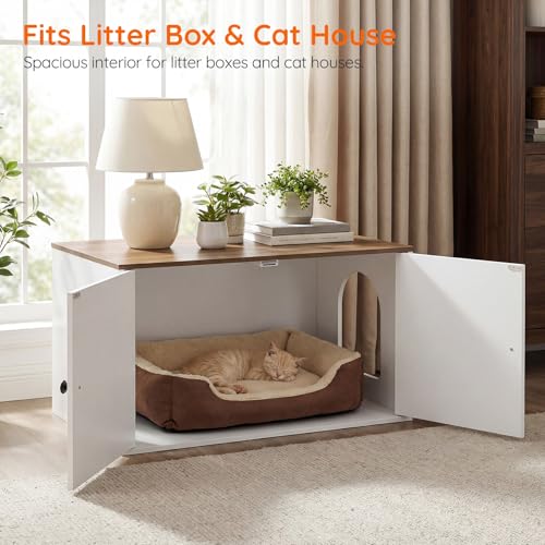HOOBRO Cat Litter Box Enclosure, Hidden Litter Box Furniture with Side Entry, Litter Box Cabinet, Indoor Cat House, End Side Table, 31.5" L x 17.7" W x 16.3H, for Bathroom, White and Walnut WH40MW01 - color: White + Walnut