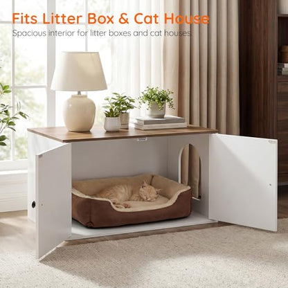 HOOBRO Cat Litter Box Enclosure, Hidden Litter Box Furniture with Side Entry, Litter Box Cabinet, Indoor Cat House, End Side Table, 31.5" L x 17.7" W x 16.3H, for Bathroom, White and Walnut WH40MW01 - color: White + Walnut