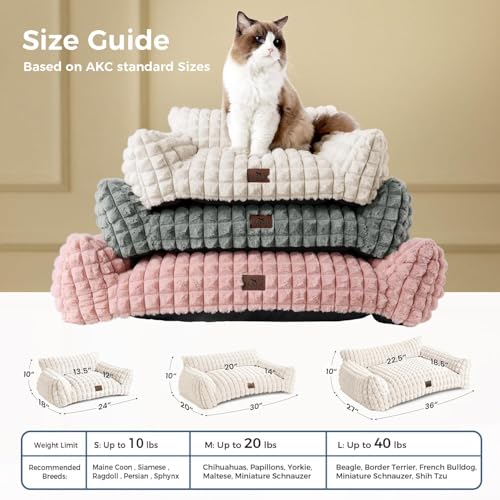 Cute Cat Couch Bed – Supportive & Fluffy Pet Sofa with Faux Rabbit Fur Washable Cover in 3D Diamond Pattern, 24" Grey - color: Grey, size: Small: 24"L x 18"W x 10"Th