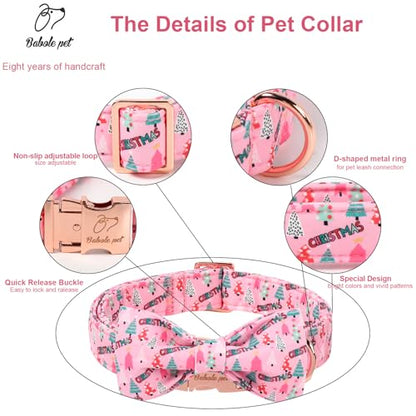 Christmas Dog Collar with Bow Tie - Cute Pink Tree Pattern Christmas Puppy Collar, Adjustable Metal Buckle Winter Bowtie Dog Collars for Small Medium Large Dogs XS - color: B-Pink Christmas Tree, size: XS