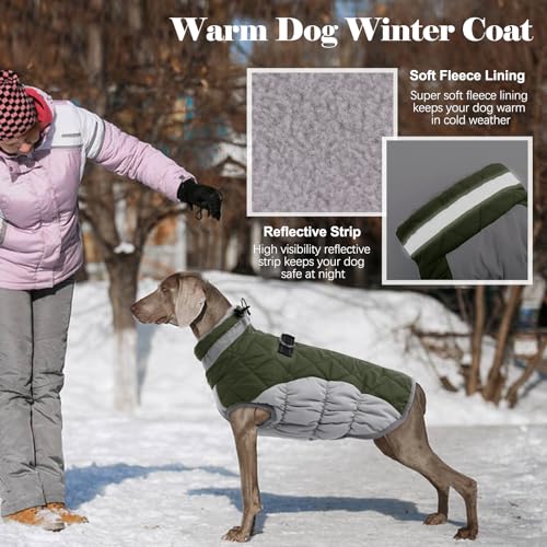Lelepet Dog Coat Warm Dog Winter Coat Waterproof Dogs Jacket with Harness Built in Reflective Pet Fleece Vest Zip-Up Cold Weather Coats for Large Dogs Turtleneck Windproof Boston Terrier Army Green L - color: Army Green, size: Large