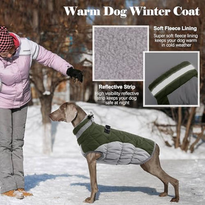 Lelepet Dog Coat Warm Dog Winter Coat Waterproof Dogs Jacket with Harness Built in Reflective Pet Fleece Vest Zip-Up Cold Weather Coats for Large Dogs Turtleneck Windproof Boston Terrier Army Green L - color: Army Green, size: Large