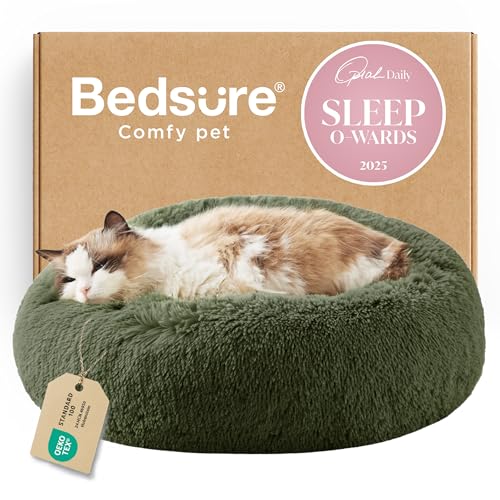 Bedsure Calming Cat Beds for Indoor Cats - Small Cat Bed Washable 20 inches, Anti-Slip Round Fluffy Plush Faux Fur Pet Bed, Fits up to 15 lbs Pets, Rifle Green - color: Rifle Green, size: 20"L x 20"W x 6"Th