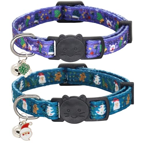 Christmas Cat Collar, Cotton 2 Pack Cat Collar with Bells, Breakaway Collars for Girl Boy Kittens, Santa - color: Santa