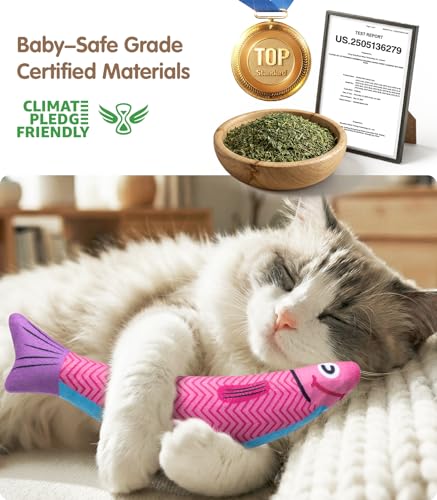 PetBusy Cat Toys with[5000mg A+Natural Catnip &Silvervine] [Baby Grade] Interactive Soft Chew Kicker Cat Toys for Indoor Cats & Kittens, [Crinkle &Bell] Fish Sound Toy, Drives Bored Cat Crazy with Fun - color: Blue+Pink